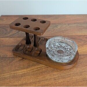 Vintage Decatur Industries 6-Pipe Walnut Wood Rack Deco Stand Holder w/Ashtray